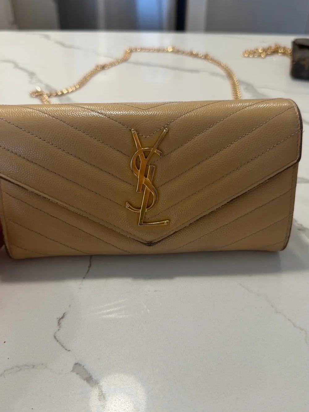 Authentic Saint Laurent YSL WOC wallet on chain Bag Cream and Gold